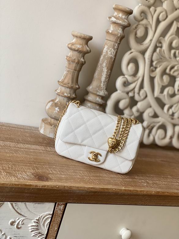 Chanel Mini Flap Bag with Gold Heart Chain in White Quilted Grained Leather