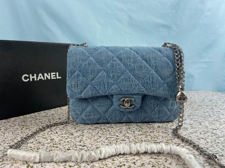 Chanel Classic Flap Shoulder Bag in Blue Quilted Denim with Chain Strap
