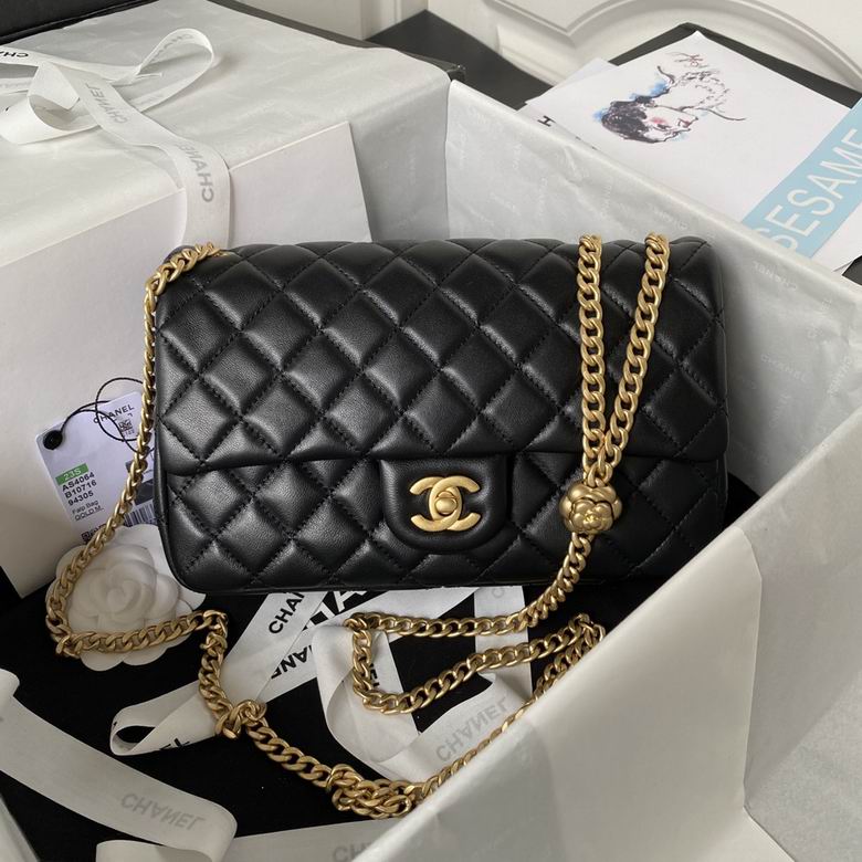 Chanel AS4064 Flap Bag in Black Quilted Leather with Gold Camellia Chain