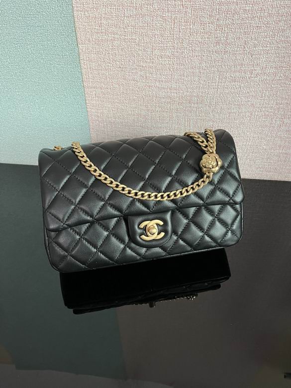 Chanel Camellia Chain Flap Shoulder Bag in Black Quilted Lambskin, Gold Hardware