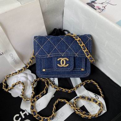 Chanel Mini Flap Bag with Front Pocket in Blue Denim with Gold Chain