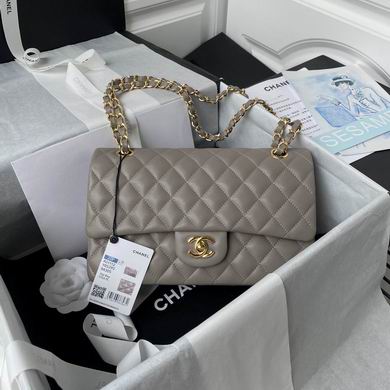 Chanel Classic Flap Medium Shoulder Bag in Gray Quilted Leather, Gold Hardware