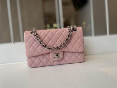 Chanel Classic Double Flap Shoulder Bag in Pink Quilted Leather, Silver Chain