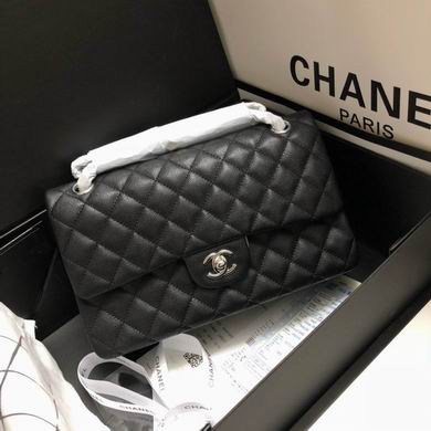 Chanel Classic Flap Bag in Black Quilted Caviar Leather with Silver Hardware
