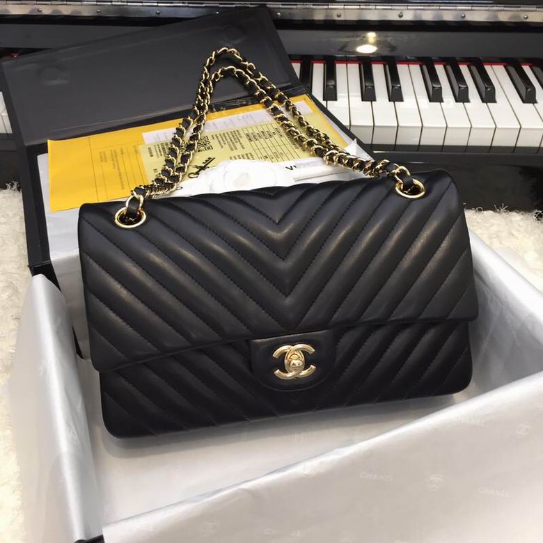 Chanel Classic Double Flap Bag 25cm in Black Chevron Quilted Leather