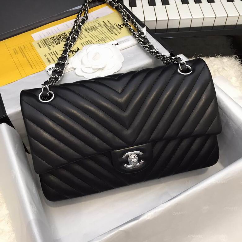 Chanel Classic Flap Medium Chevron Shoulder Bag in Black Lambskin, Silver Hardware