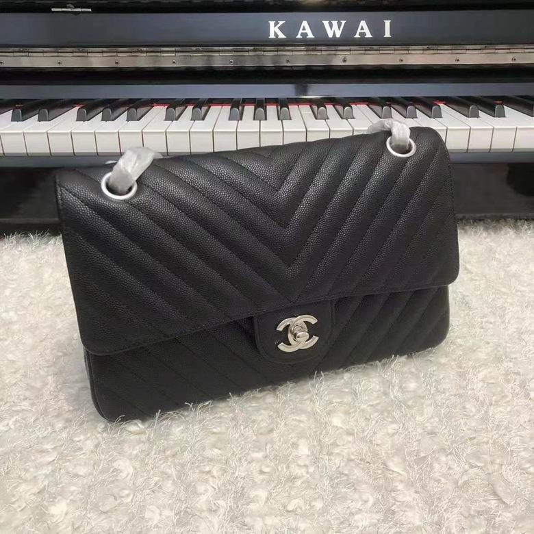 Chanel Classic Flap Medium Chevron Quilted Shoulder Bag in Black Grained Leather