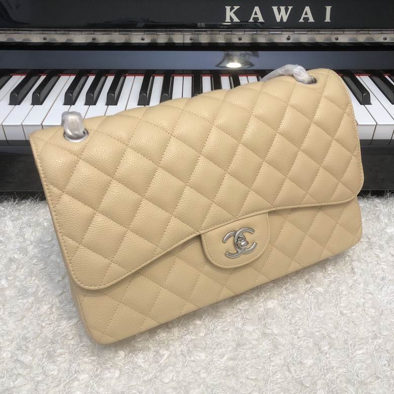 Chanel Classic Double Flap Jumbo Shoulder Bag in Beige Caviar Leather