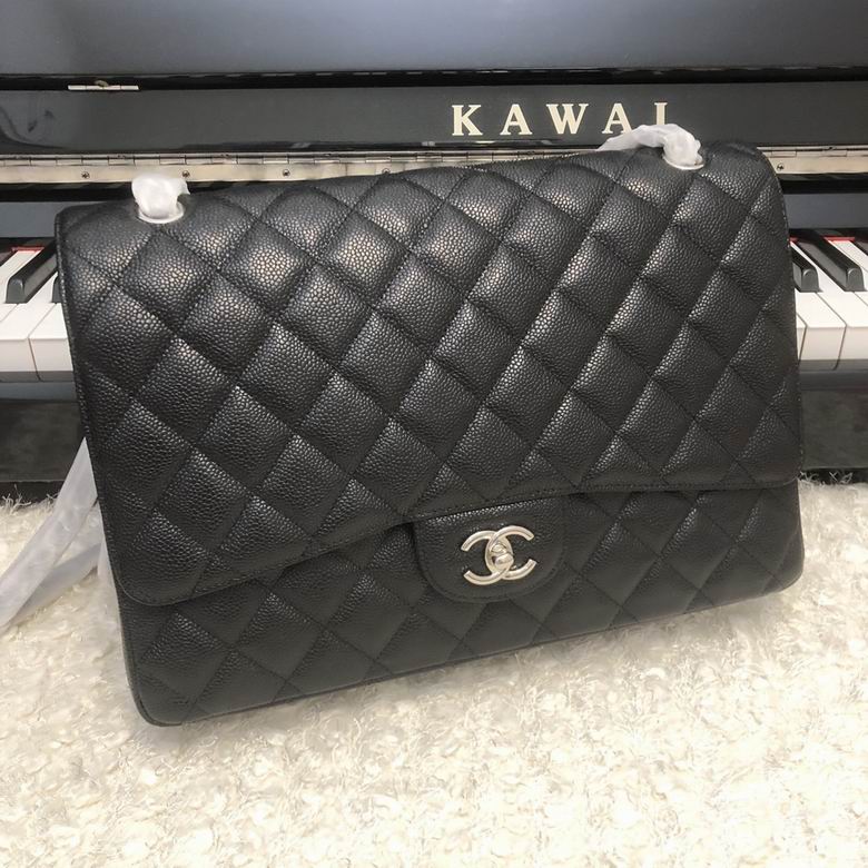 Chanel Classic Double Flap Maxi Shoulder Bag in Black Quilted Grained Leather