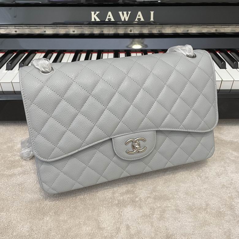 Chanel Classic Flap Jumbo Shoulder Bag in Light Gray Grained Leather