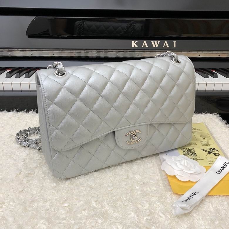 Chanel Classic Double Flap Jumbo Shoulder Bag in Silver Quilted Leather