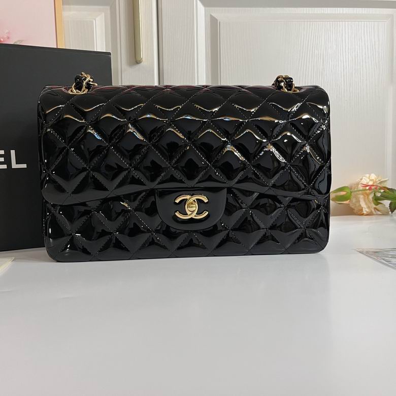 Chanel Classic Flap Jumbo Shoulder Bag in Black Patent Leather with Gold Hardware