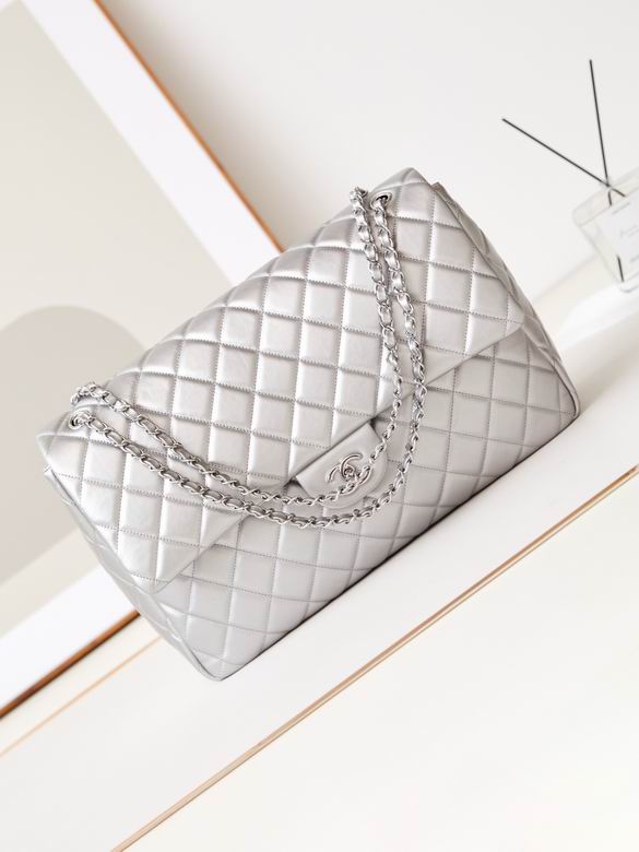 Chanel Classic Flap XXL Shoulder Bag in Silver Quilted Metallic Leather