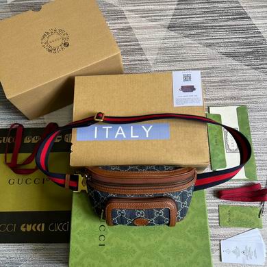 Gucci Belt Bag in Blue GG Denim with Brown Leather Trim and Web Strap