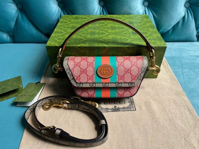 Gucci Mini Belt Bag in Pink GG Canvas with Green and Orange Web Stripe