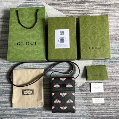 Gucci Bee Print Vertical Mini Phone Crossbody Bag in Black GG Supreme