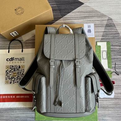 Gucci GG Embossed Flap Backpack in Grey Leather with Drawstring Closure