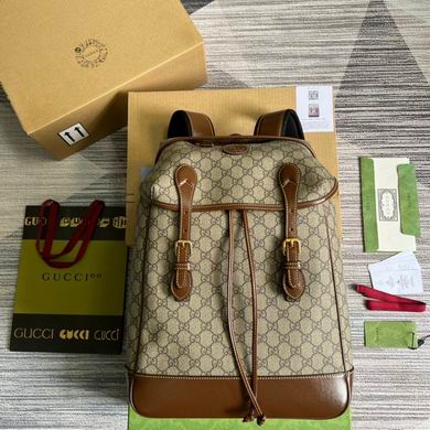 Gucci Medium GG Supreme Canvas Backpack with Brown Leather Trim
