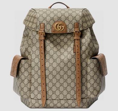 Gucci Ophidia Medium Backpack in Beige GG Supreme Canvas with Brown Trim
