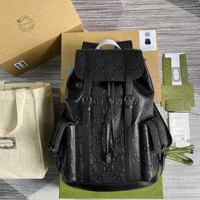 Gucci GG Embossed Backpack in Black Leather with Flap and Side Pockets