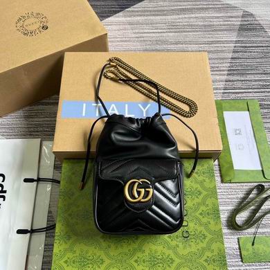 Gucci GG Marmont Mini Bucket Bag in Black Matelassé Leather with Chain Strap