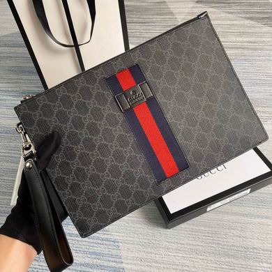 Gucci GG Supreme Zip Pouch Clutch with Web Stripe in Black/Grey