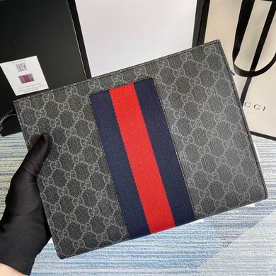 Gucci GG Supreme Zip Pouch Clutch with Blue and Red Web Stripe in Black/Grey