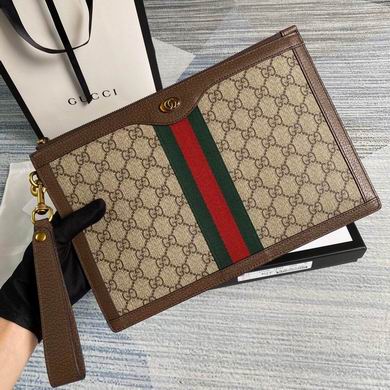 Gucci Ophidia GG Supreme Zip Pouch Clutch with Wrist Strap and Web Stripe