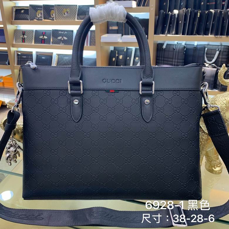 Gucci GG Embossed Leather Briefcase with Shoulder Strap in Black