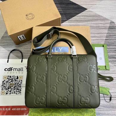 Gucci Jumbo GG Briefcase with Shoulder Strap in Olive Green Embossed Leather