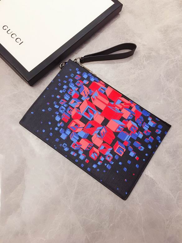 Gucci Zip Pouch Clutch with Wrist Strap in Black Red Blue Cube G Print