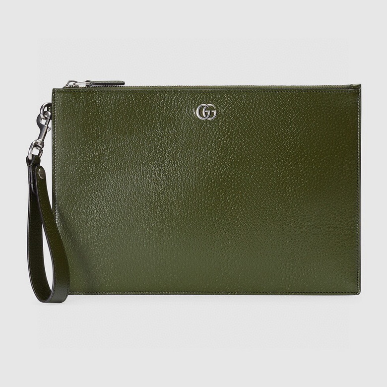 Gucci GG Marmont Zip Pouch Clutch with Wrist Strap in Olive Green Leather