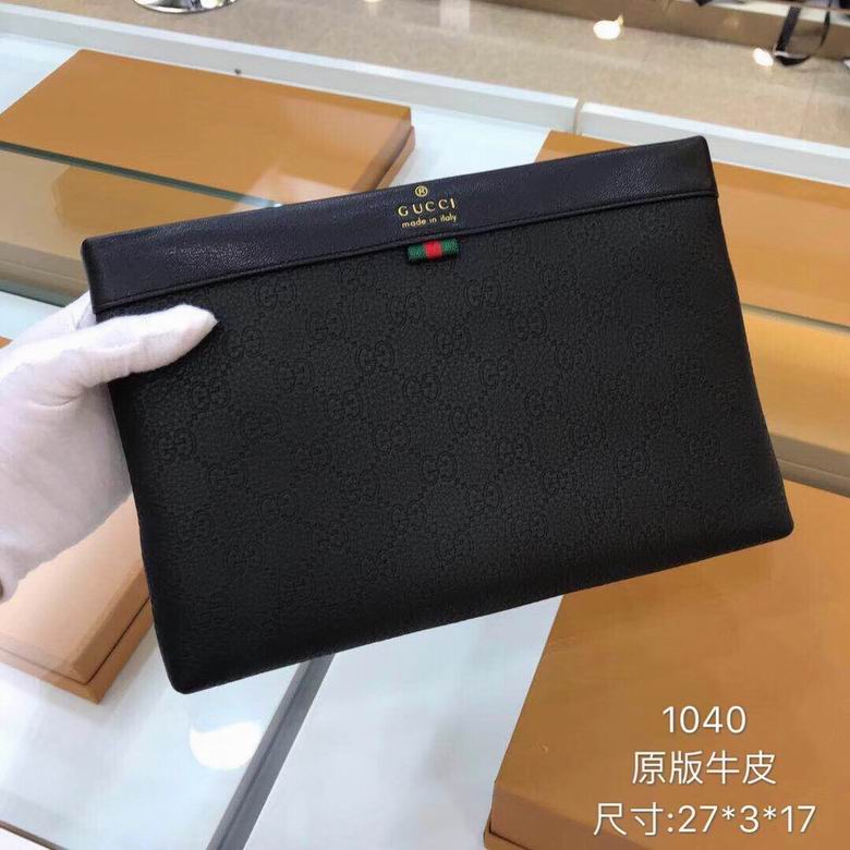 Gucci Flat Zip Pouch Clutch in Black Embossed GG Leather with Web Detail