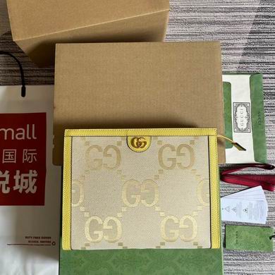 Gucci Jumbo GG Zip Pouch Clutch in Beige Canvas with Yellow Leather Trim