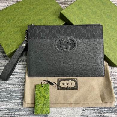 Gucci Interlocking G Zip Pouch with Wrist Strap in Grey GG Canvas and Leather