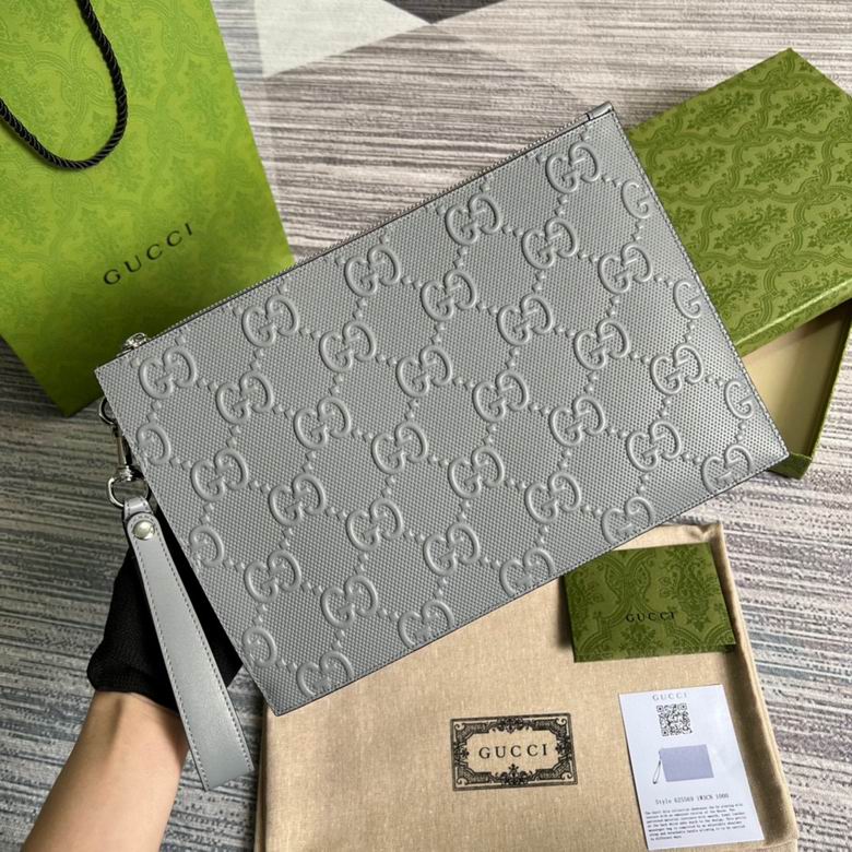 Gucci GG Embossed Zip Pouch with Wrist Strap in Gray Leather