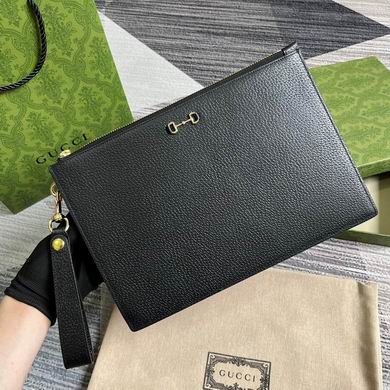 Gucci Horsebit Zip Pouch Clutch with Wrist Strap in Black Grained Leather