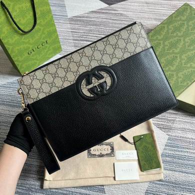 Gucci Interlocking G Zip Pouch Clutch in GG Supreme Canvas and Black Leather