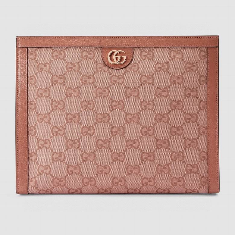 Gucci Ophidia GG Canvas Pouch Clutch in Dusty Pink with Leather Trim