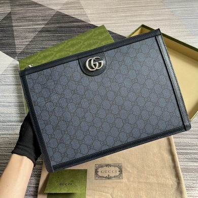 Gucci Ophidia GG Zip Pouch Clutch in Blue-Black GG Canvas with Leather Trim