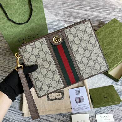 Gucci Ophidia GG Supreme Canvas Zip Pouch Clutch with Web Stripe and Wrist Strap