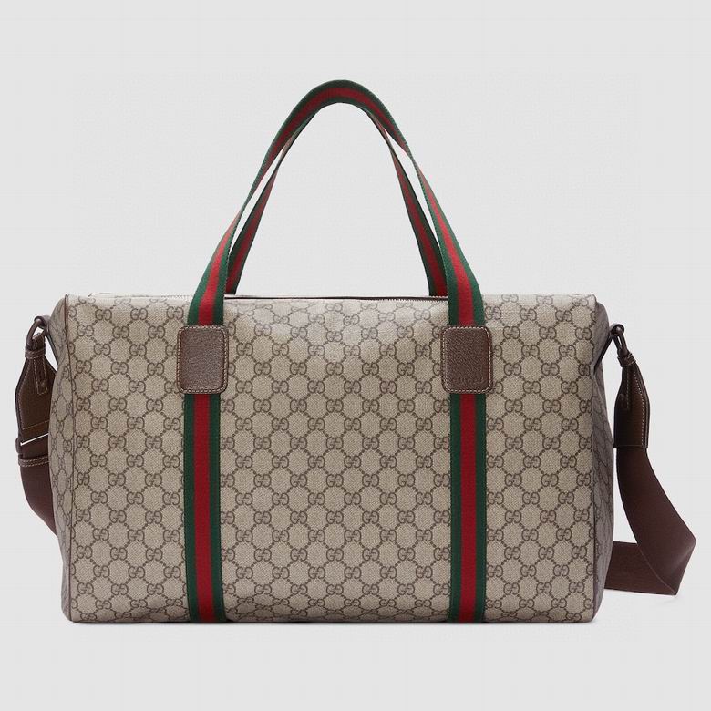 Gucci Duffle Travel Bag in Beige/Ebony GG Supreme Canvas with Web Stripe