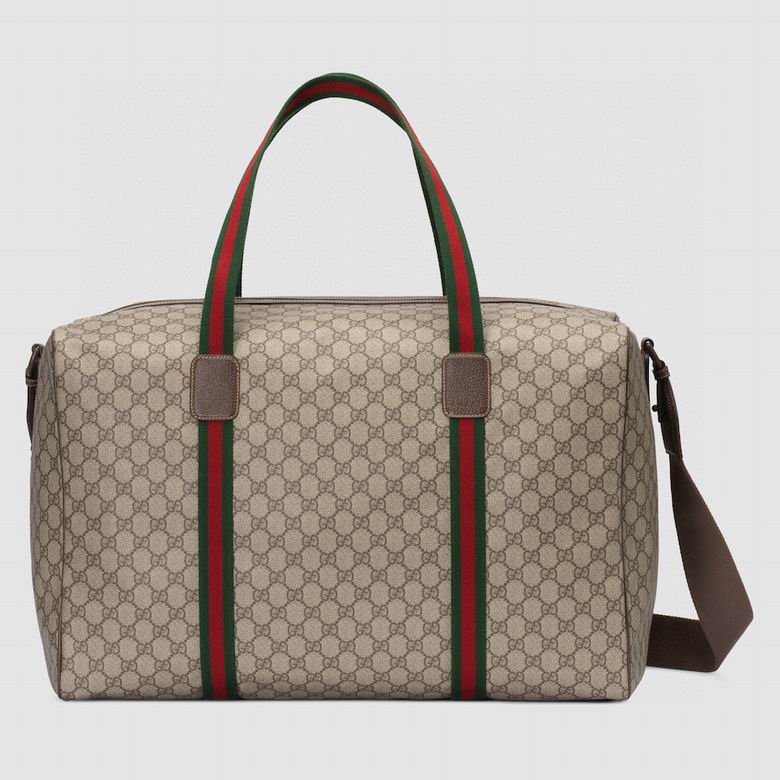 Gucci Large Duffle Travel Bag in Beige GG Supreme Canvas with Web Straps