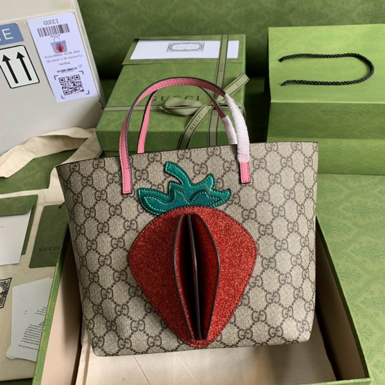 Gucci Children's GG Supreme Tote Bag with Glitter Strawberry Appliqué