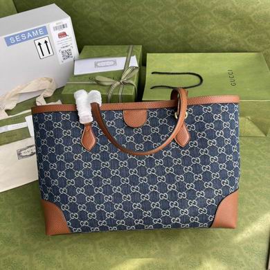 Gucci Ophidia Medium Tote Bag in Blue GG Denim with Tan Leather Trim