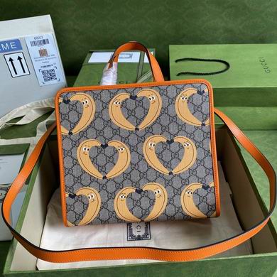 Gucci Banana Heart Print GG Supreme Tote Bag with Orange Leather Trim