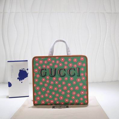 Gucci Floral Print Tote Bag in Green Canvas with Tan Leather Trim