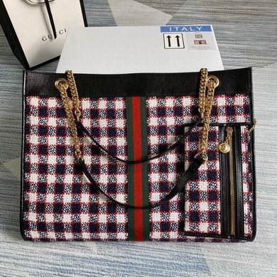 Gucci Rajah Large Tote Bag in Navy and White Check Tweed with Web Stripe