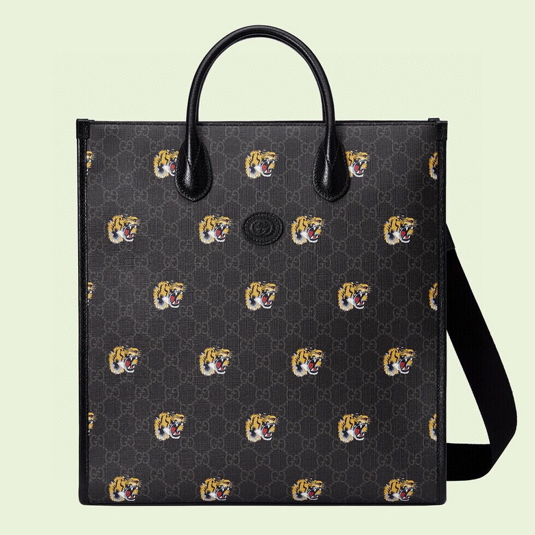Gucci Tiger Print GG Supreme Tote Bag in Black Canvas with Leather Trim