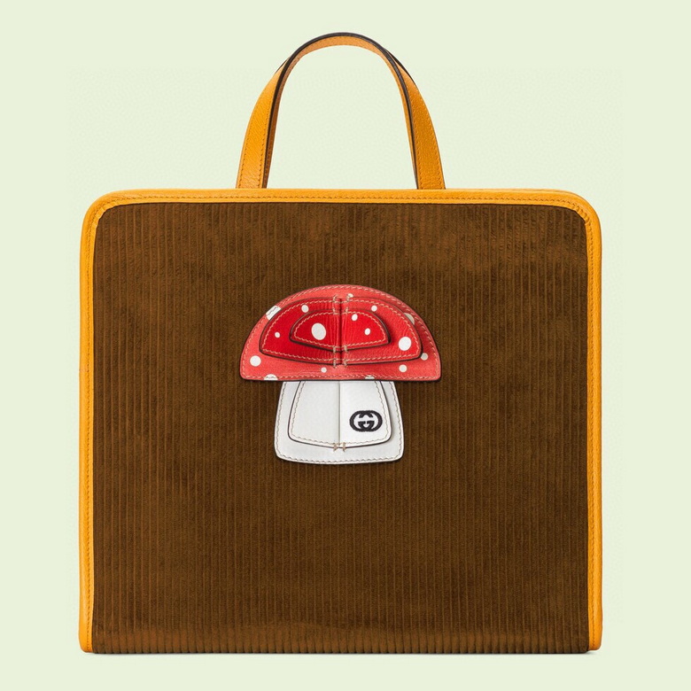 Gucci Mushroom Appliqué Tote Bag in Brown Corduroy with Yellow Leather Trim